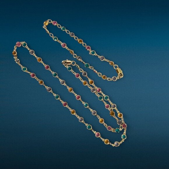 Multicolor Bezel Set Crystal Gold Plated Necklace Bracelet Set Dainty Layering - Picture 4 of 7